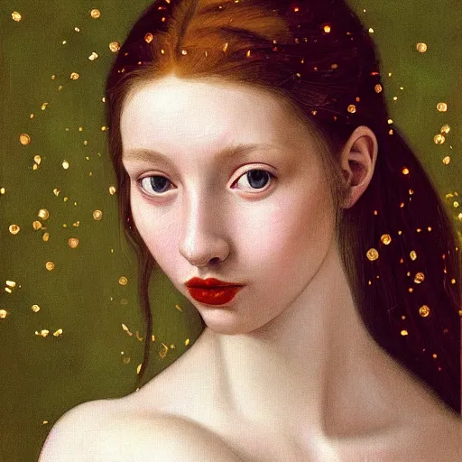 Image similar to a highly detailed, hyper realistic portrait with torso of a red haired young woman, among wonderful golden fireflies, long hair, green eyes, hint of freckles, round gentle face, cheeky smile, white romantic dress with intricate details, deep focus, elegant, smooth, sharp, golden ratio, digital painting, art by artemisia lomi gentileschi and caravaggio