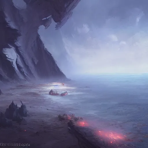 Prompt: a cliff smeared with soaking blue blood steaming, perturbed view, Greg Rutkowski, 4mm brush strokes, randomized