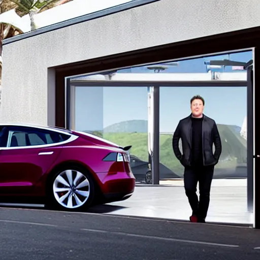 Image similar to elon musk breaking his tesla in his garage the background is the view of 3 tesla