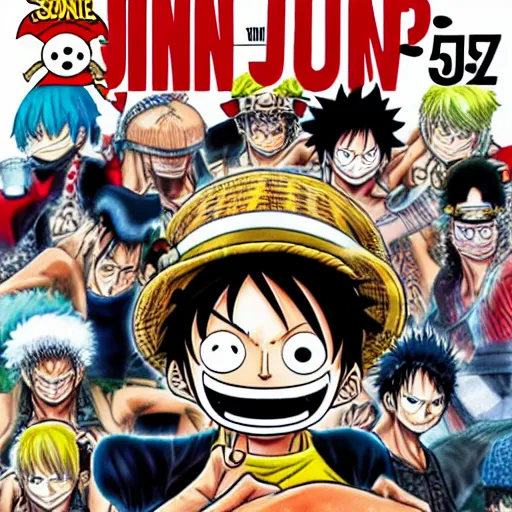 Image similar to the 57th cover of shonen jump featuring One Piece Anniversary