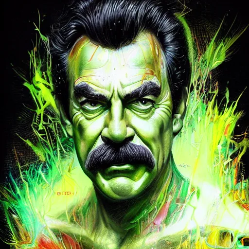 Image similar to a demon slayer portrait of tom selleck, tall, pale - skinned, slender with lime green eyes and long eyelashes by stanley artgerm, tom bagshaw, arthur adams, carne griffiths, trending on deviant art, street art, face enhance, chillwave, maximalist, full of color, glittering