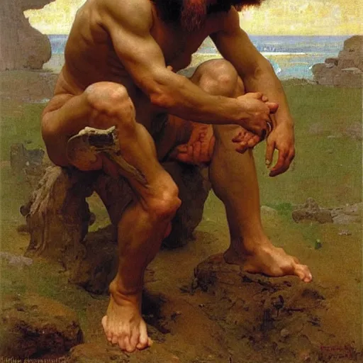 Image similar to portrait of an ancient human species neanderthal muscular hairy man, by bouguereau, norman rockwell