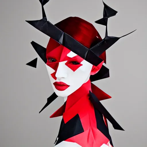 Image similar to origami portrait of a fashion model, black and red