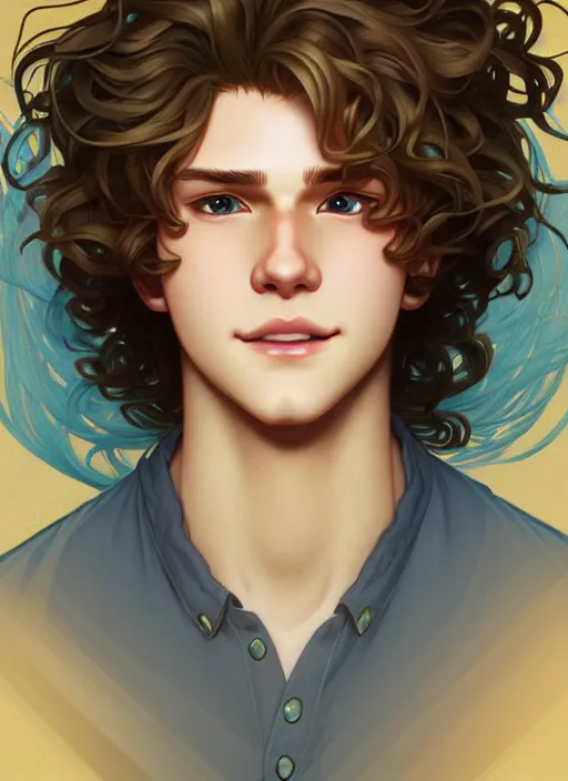 Image similar to young man with medium - length, curly, golden hair, perfectly proportioned face, aquamarine eyes, sweet smile, natural lighting, path traced, highly detailed, high quality, cartoon, digital painting, by new haicheng and ross tran and studio ghibli and alphonse mucha