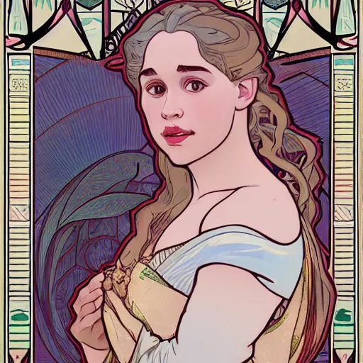 Image similar to Beautiful young girl like Daenerys Targaryen emilia clarke illustrated by alphonse mucha