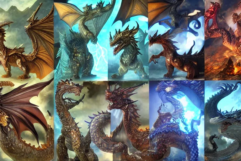 Image similar to highly detailed icons of many various fantasy dragons from fantasy games. Perfect lighting, ray tracing, realistic.