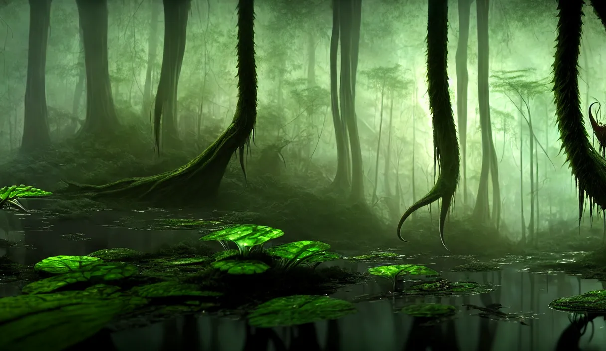Image similar to monstrous carnivorous plants hunting insect in prehistorical forest, murky water, reflections, contrasting light, attention to detail, dark and dramatic atmosphere, volumetric fog, raytracing, back light, raymarching, by ilm, by digital domain, by weta digital