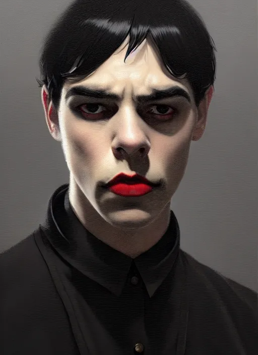 Prompt: portrait of a round faced man with a crooked nose and a confident expression, 1 9 6 0 s, black clothes, goth, punk, funk, intricate, elegant, highly detailed, digital painting, artstation, concept art, smooth, sharp focus, illustration, art by wlop, mars ravelo and greg rutkowski