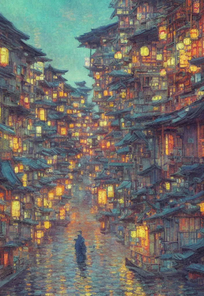 Prompt: a beautiful japanese city near the sea, amazing ryokans and gorgeous edo era houses, epic cyberpunk, lofi vibe, colorful, vivide colors, oil painting in impressionist style, by jeremy lipkin, by claude monet, by makoto shinkai, multiple brush strokes, inspired by ghibli, masterpiece, beautiful