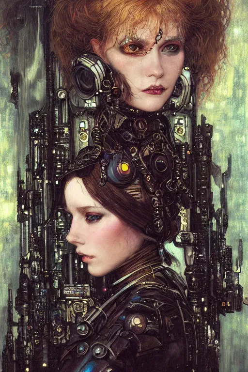 Prompt: portrait of beautiful young gothic maiden, cyberpunk, Warhammer, highly detailed, artstation, illustration, art by Gustav Klimt