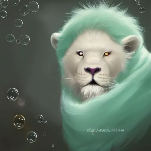 Image similar to aesthetic portrait commission of a albino male furry anthro lion cub popping floating bubbles while wearing a cute mint colored cozy soft pastel winter outfit, winter Atmosphere. Character design by charlie bowater, ross tran, artgerm, and makoto shinkai, detailed, inked, western comic book art, 2021 award winning painting