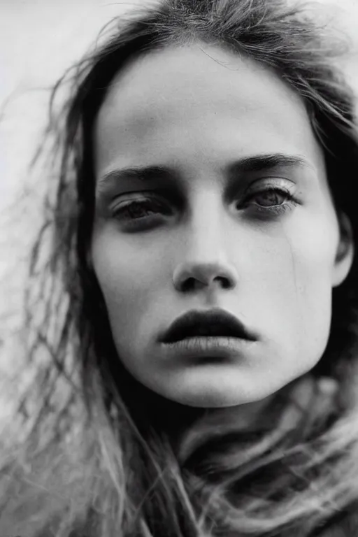 Prompt: extreme close-up black and white portrait, fashion model face, Peter Lindbergh, 35mm, film photo, small aperture