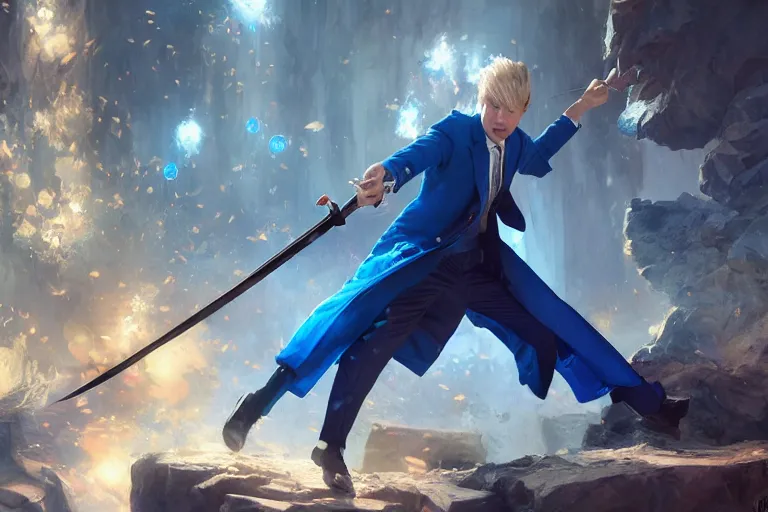 Image similar to a blonde man in a blue suit swinging a sword at an asian man with a sword, d & d, heartstone, digital painting, volumetric light, intricate, sharp, focus, bloom, illustration, highly detailed, concept art, matte, ruan jia, randy vargas, greg rutkowski