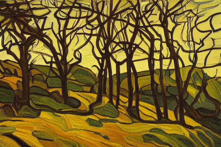 Image similar to masterpiece painting of oak trees on a hillside overlooking a creek, dramatic lighting, by tom thomson