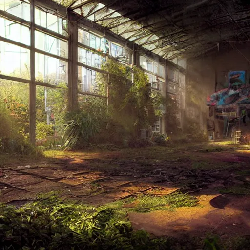 Prompt: an abandoned warehouse, overgrown with vegetation, beautiful graffiti on all walls, by craig mullins, octane rendering, warm moody lighting, wide angle lens, low view, in the style of pixar animation, trending on artstation