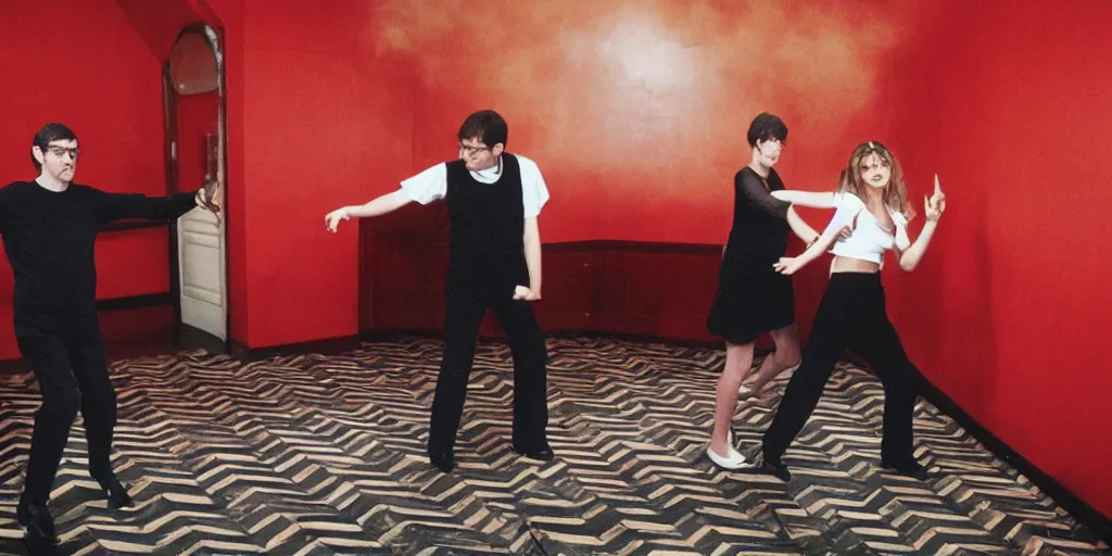 Image similar to louis theroux and laura palmer are dancing in the red room, twin peaks. in the style of david lynch, black and white zig zag floor