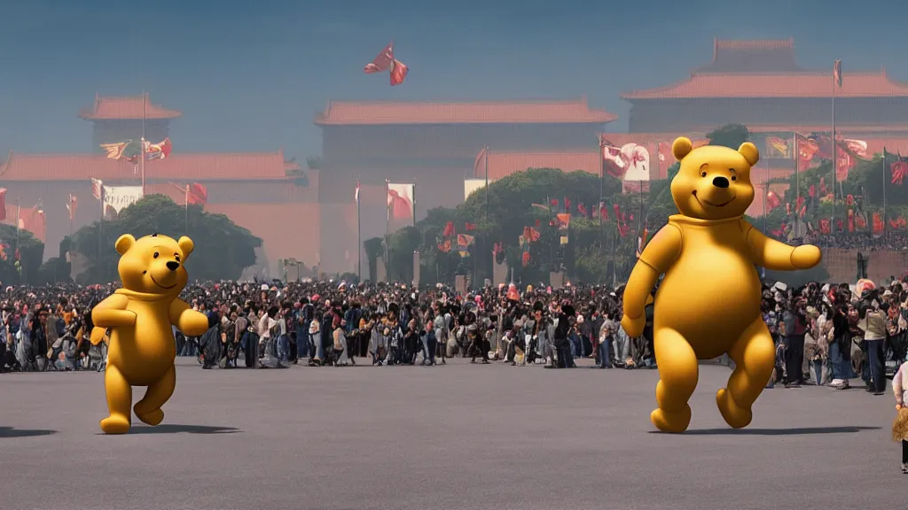 Image similar to giant winnie the pooh bear walking in the tiananmen square parade with tanks and icbm missiles. andreas achenbach, artgerm, mikko lagerstedt, zack snyder, tokujin yoshioka