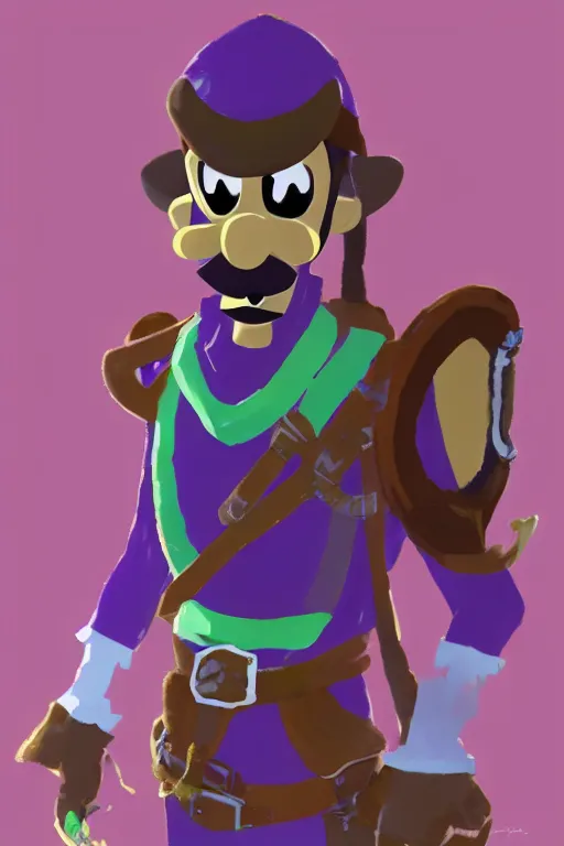 Image similar to an in game portrait of waluigi from the legend of zelda breath of the wild, breath of the wild art style.