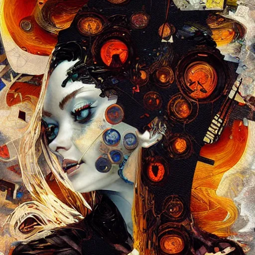 Prompt: she is burning her digital past with glitched flames made of bits, oil on canvas by dave mckean, james jean and esao andrews