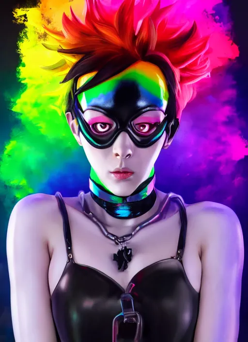 Image similar to full body abstract surreal weird oil painting portrait of tracer overwatch, confident pose, full body, full body, wearing black jagged iridescent rainbow latex armor, rainbow, neon, 4 k, expressive, makeup, wearing large rainbow neon choker, studio lighting, black latex, expressive detailed face and eyes,