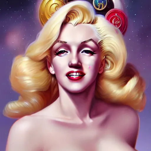 Prompt: Blonde Marilyn Monroe as Sailor Moon, western, D&D, fantasy, intricate, elegant, highly detailed, digital painting, artstation, concept art, matte, sharp focus, illustration, art by Artgerm and Greg Rutkowski and Alphonse Mucha