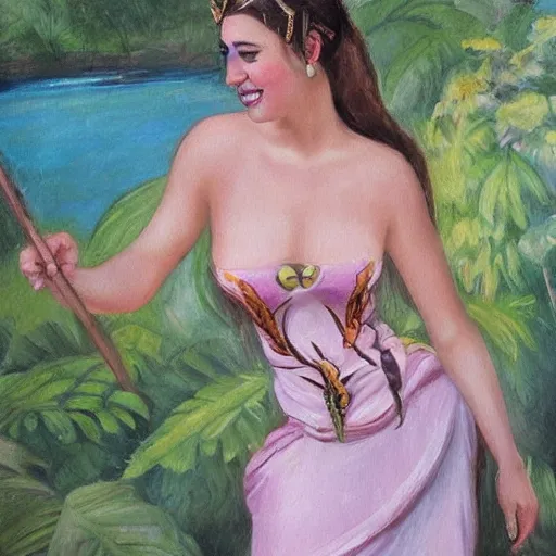 Prompt: silk dress on a beautiful princess of amazonian warriors old masters oil painting, her hips wide and chest is small, her eyes have colors of wild ocean and smile of her peach lips always reminds of sunny mornings of saturday