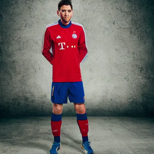 Image similar to a photography of Lionel Messi wearing a Bayern Munich jersey, Bayern Munich logo in the background, studio lighting, detailed, realistic