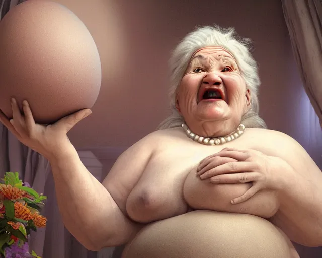 Image similar to of a very beautiful scene. ambient occlusion render. a sweet fat old woman is giving birth a beautiful colorful huge egg. hyper realistic. 4 k. wide angle. baroque style. symmetrical face, red mouth, blue eyes. deep focus, lovely scene. ambient occlusion render. concept art. unreal engine.