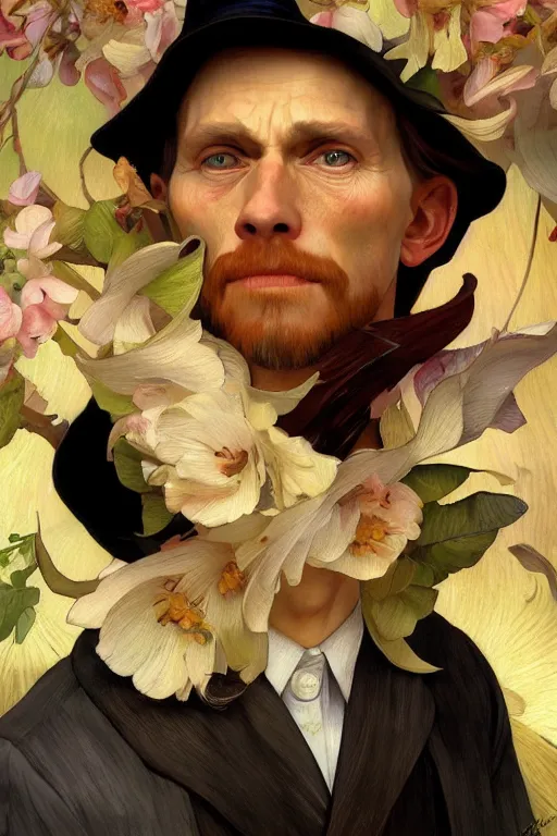 Prompt: ultra realistic illustration, vincent van goh wearing a party hat, elegant, highly detailed, digital painting, concept art, smooth, sharp focus, illustration, art by artgerm and greg rutkowski and alphonse mucha