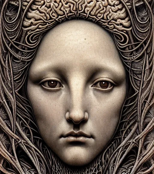 Image similar to detailed realistic beautiful fossil goddess face portrait by jean delville, gustave dore, iris van herpen and marco mazzoni, art forms of nature by ernst haeckel, art nouveau, symbolist, visionary, gothic, neo - gothic, pre - raphaelite, fractal lace, intricate alien botanicals, biodiversity, surreality, hyperdetailed ultrasharp octane render