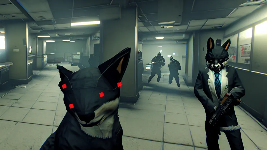 Image similar to Screenshot from the PC game Payday 2 demonstrating the fursuit unlock