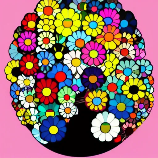 Image similar to silhouette of head exploding into flowers, bright colors, Takashi Murakami, Minimalist,