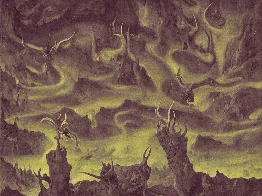 Image similar to Portrait of strange humanoid animal with antlers, snout, moth wings, mat antennae entering the toxic, phosphorescent river flowing from the factory. Apocaliptic skies. The glowing rock in the lithium desert. Painting by Jan van Eyck, Rene Magritte, Jean Delville, Max Ernst, Beksinski