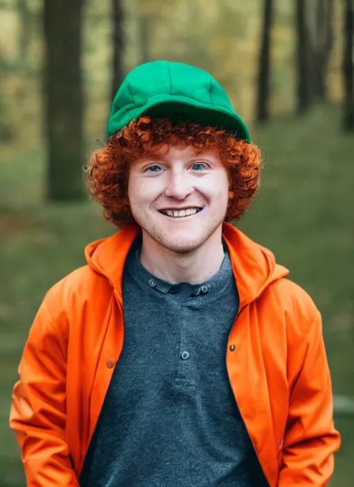 Image similar to portrait photo still of real life kyle broflovski wearing an orange jacket and green hat, 8 k, 8 5 mm, f. 1 4