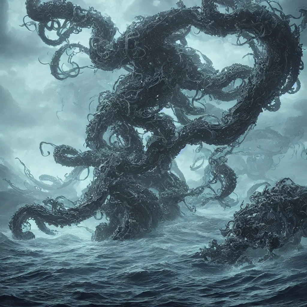 Image similar to a kraken corrupted by demonic power rising out of a stormy sea, intricate artwork by Tooth Wu and wlop and beeple. octane render, trending on artstation, greg rutkowski very coherent symmetrical artwork. cinematic, hyper realism, high detail, octane render