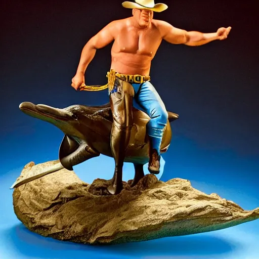 Image similar to john wayne riding a dolphin. action figure by hot toys. studio lighting.