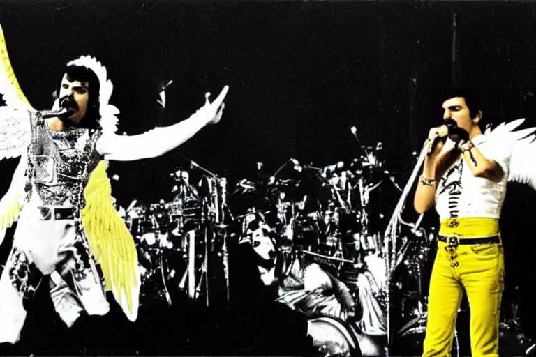 Image similar to freddie mercury singing at a death metal punk concert. mosh pit, elaborate clothing, violent rock concert yellow and white clothing, huge angel wings - s 1 5 0