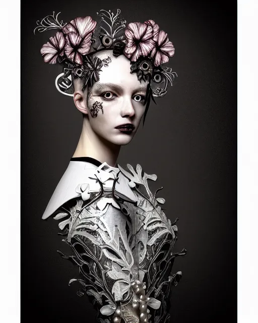 Prompt: monochrome profile portrait painting, dutch masters, silver lace floral steampunk biomechanical beautiful young female cyborg with one techno eye, volumetric light, leaves foliage and stems, hibiscus flowers, sinuous fine roots, fine foliage lace, alexander mcqueen, rim light, big gothic fashion pearl embroidered collar, 8 k