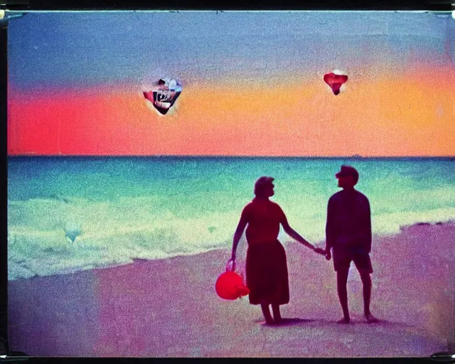 Image similar to a couple walks on the beach, thousands of multicolored hot air balloons floats over the beach at violet and yellow sunset, whimsical and psychedelic art style, 1 9 6 0 s, polaroid photo, grainy, expired film, glitched