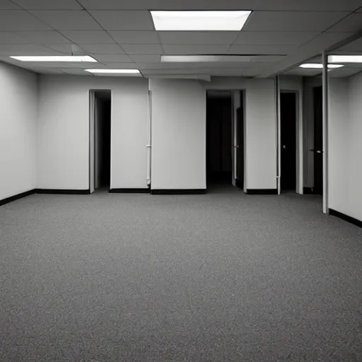 Prompt: the backrooms : an endless maze of randomly generated office rooms and other environments. it is characterized by the smell of moist carpet, walls with a monochromatic tone of dirty off - white, 1 9 8 0's style carpeted walls and buzzing fluorescent lights % 5 0 working, general sense of run down and abandonment, pee stains on walls