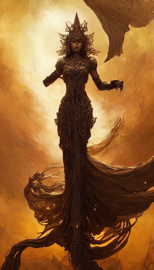 Image similar to ascending dark full body redhead goddess angel, madison beer, intricate armor, highly detailed, glowing, action pose, cinematic, art deco, gold filigree, ethereal, alfonso mucha, zdzisław beksinski, andrei ryabovichev, shaun tan, chriss foss, peter mohrbacher, 4 k