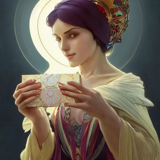 Image similar to a fortune teller holding a wrapped birthday gift with a confused look on their face, art by artgerm and greg rutkowski and alphonse mucha, concept art, octane render, unreal engine 5, highly detailed, high quality, 8 k, soft lighting, realistic face, path traced