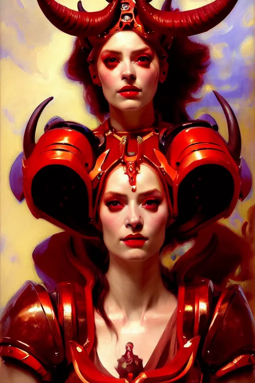 Image similar to painted close - up portrait of a very attractive red - skinned intimidating demon robot girl with ram horns! oil painting, wearing a noblewoman's outfit, fantasy art by john singer sargent and gaston bussiere and james jean and greg rutkowski, demon noble character design, ultra hd