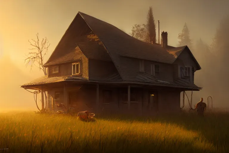 Prompt: a house in the shape of a human, rust, hyperrealistic, highly detailed, cinematic, single ray of sun, fog, beautiful, cgssociety, artstation, 8 k, oil painting