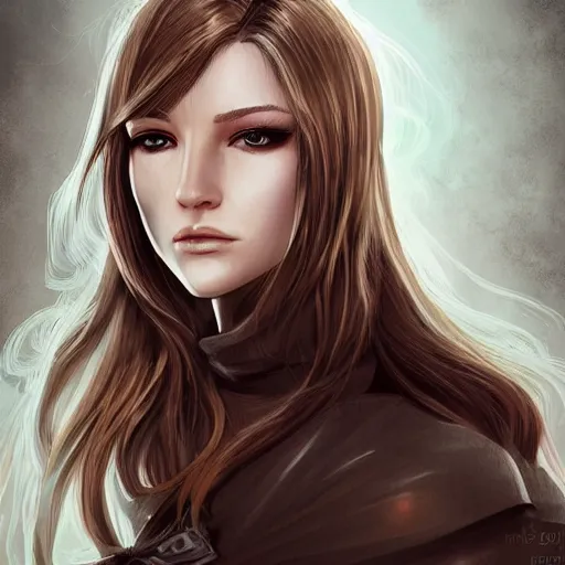 Image similar to portrait, 30 years old women :: fantasy :: amber eyes, long straight darkblond hair :: attractive, symmetric face :: brown medieval cloting, natural materials :: high detail, digital art, RPG, concept art, illustration
