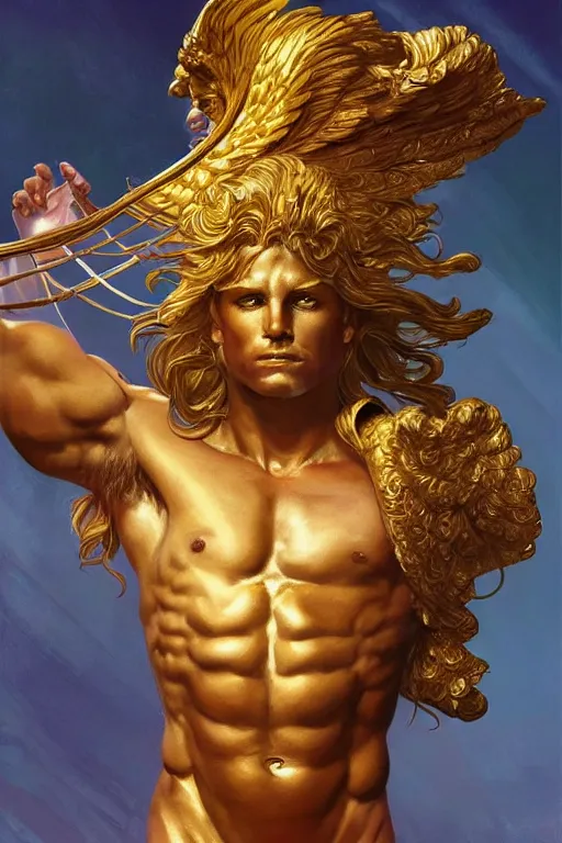 Image similar to ultra realistic illustration, a golden statue of a herculean glenn howerton as the god apollo, intricate, elegant, highly detailed, digital painting, artstation, concept art, smooth, sharp focus, illustration, art by artgerm and greg rutkowski and alphonse mucha