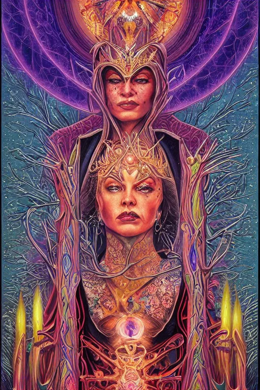 Prompt: beautiful tarot card of the queen of dreams by alex grey and dan mumford and carol bak, oil on canvas, intricate, border, symmetrical, portrait, 8k highly professionally detailed, HDR, CGsociety