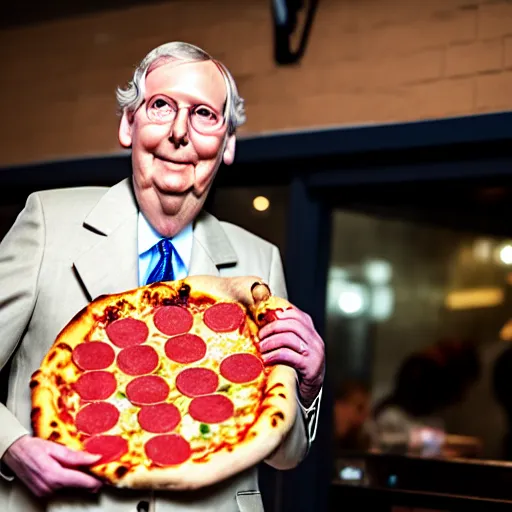 Image similar to photograph portrait of Mitch McConnell entering a pizza shop, sigma 85mm f/1.4, 4k, depth of field, high resolution, 4k, 8k, hd, full color