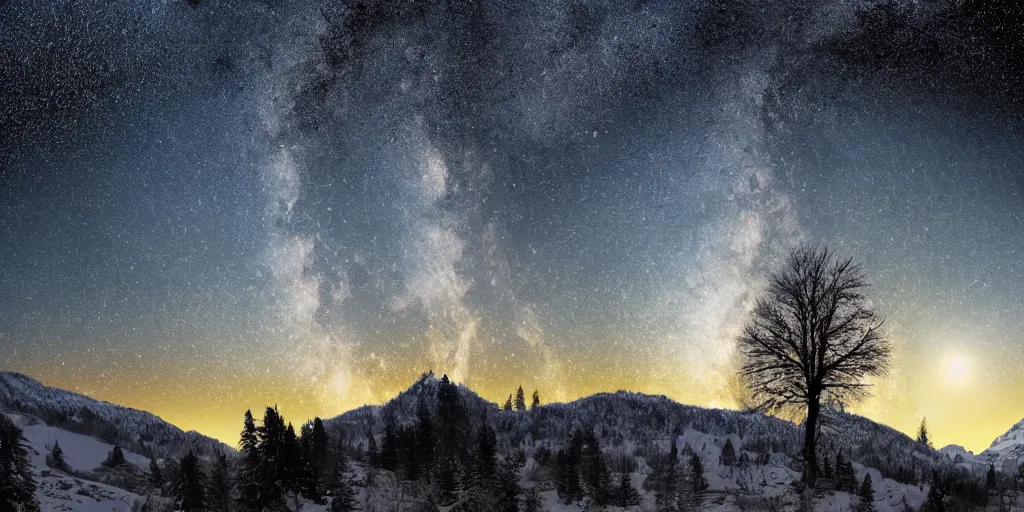 Prompt: 8k realistic image of a maple tree with kashmir landscape icy mountains and dark starry night