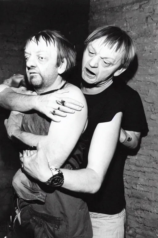 Image similar to Mark E Smith strangling Fred Durst